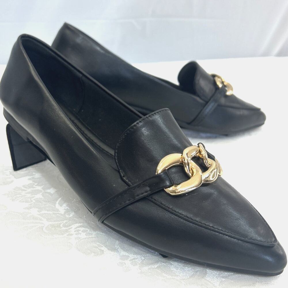 MU Musshoe Womens Black Loafers Chain Detail Flats Comfort Chic Shoes Size 10